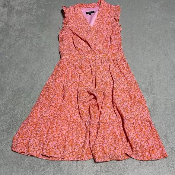 Rachel Zoe Dress Womens 4 Pink Orange Floral Tiered Faux Wrap Ruffle Beach - Picture 1 of 8